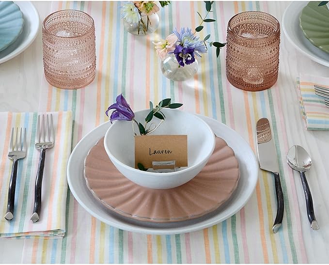 Solino Home Striped Linen Table Runner 144 Inches Long - Julia 100% Pure Linen Multicolor Muted Pastel Stripe Dining Table Runner 14 x 144 Inch