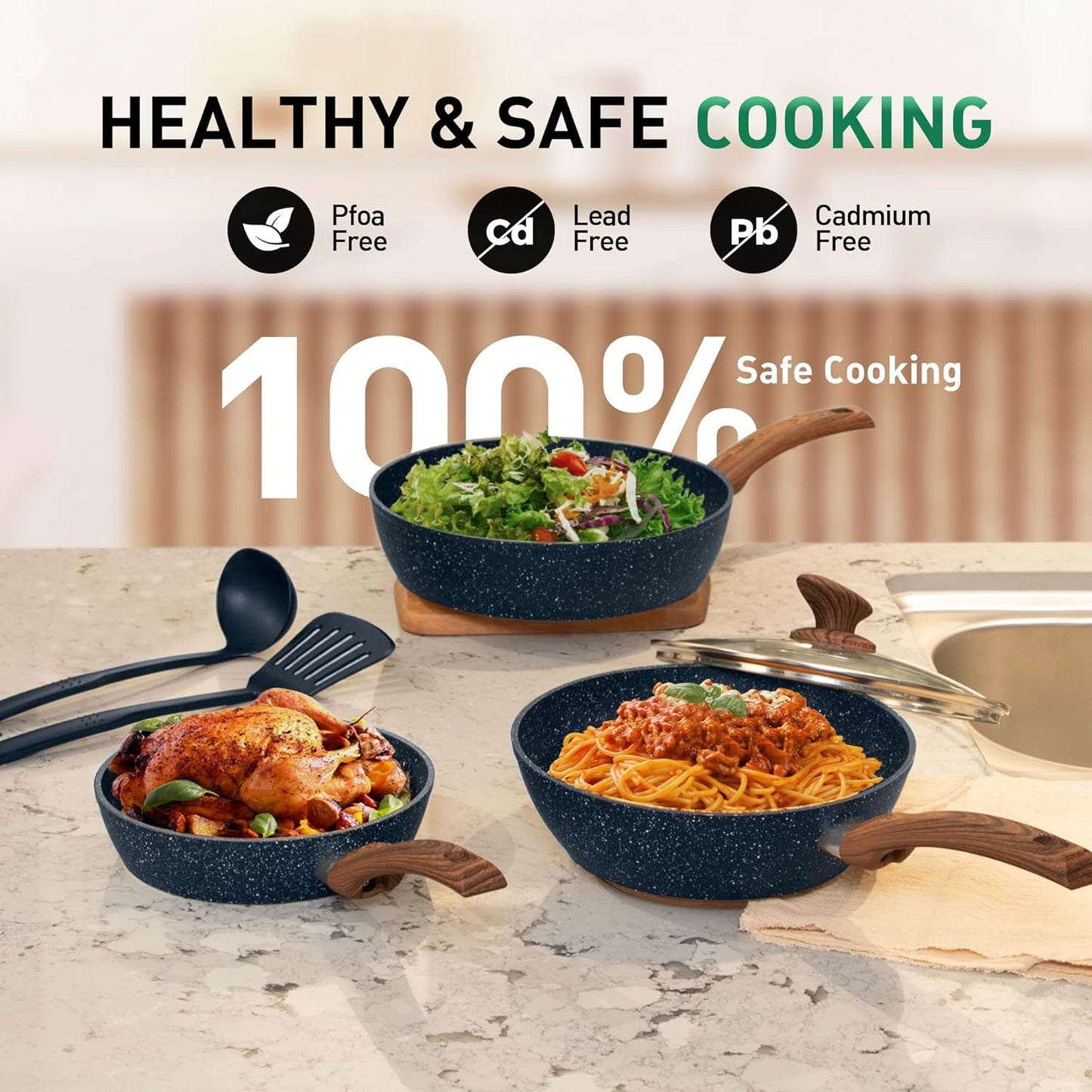 Kitchen Academy Pots and Pans Set Non Stick - 12 Piece Induction Kitchen Cookware Sets, Blue Granite Nonstick Cooking Pans Set