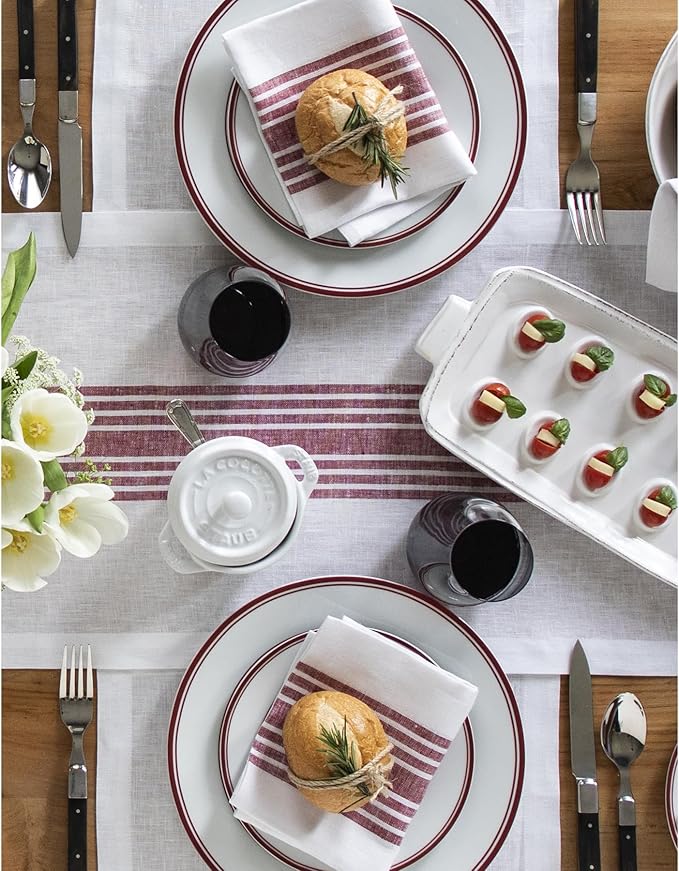 Solino Home Linen Table Runner 60 Inches - 100% Pure Linen Burgundy and White Farmhouse Table Runner 14 x 60 Inch Ideal for Dresser and Coffee Tables - Christmas, New Year