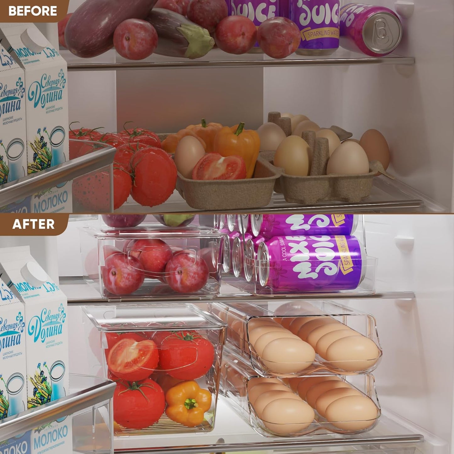 theaoo Egg Holder for Fridge, Automatic Rolling Egg Container for Refrigerator, Clear Plastic Egg Dispenser, Stackable Eggs Organizer with Quick Removable inner Tray For Organizers and Storage, 2Pack