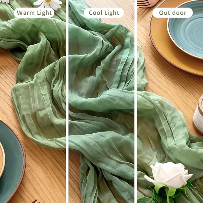 Sage Green Table Runner, 120 Inch 10 FT Boho Rustic Cheesecloth Gauze, Farmhouse Centerpieces Decor for Wedding Spring Easter Baby Bridal Shower Party Decoration, 1 Pack