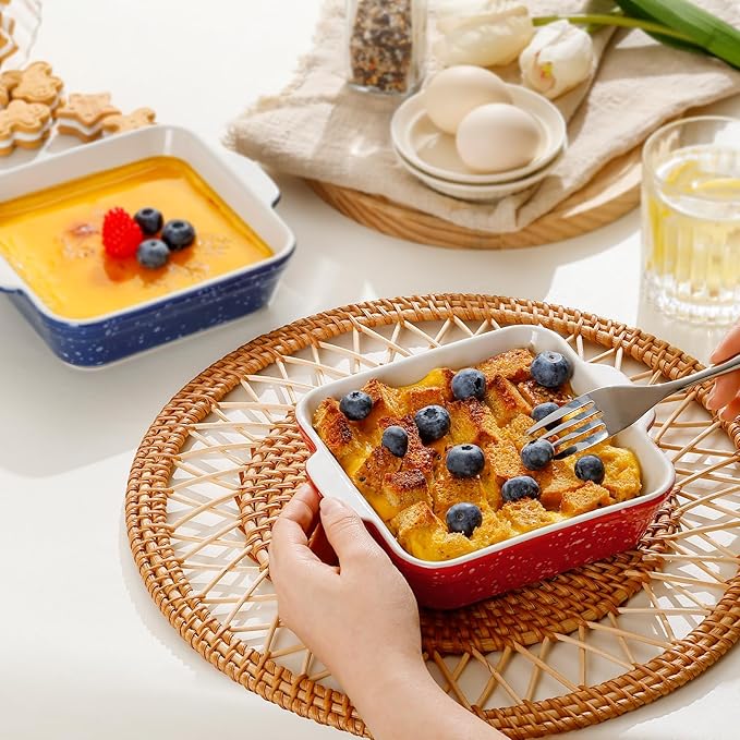 NUTRIUPS 13oz 5.9x5.9in Square Ceramic Baking Dish Set, 2-Pack Small Oven-Safe Baking Pan for Lasagna, Casserole - Bakeware for Baking & Serving (Red&Blue)