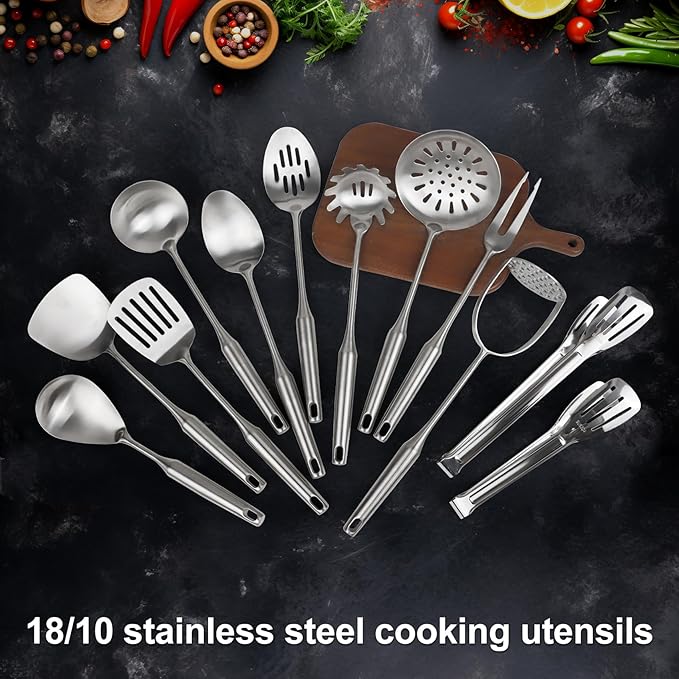 18/10 Stainless Steel Cooking Utensils Set,12pcs Metal Kitchen Utensils Set Dishwasher Safe, Heat Resistant Wok Tools Set for Cooking Enthusiasts