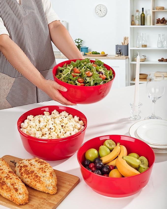 Hioasis 8 Pack Plastic Serving Bowls 128oz Red Plastic Bowls Heavy Duty Disposable Serving Bowls for Party Snack & Salad & Candy & Bar Buffet & Pool Party