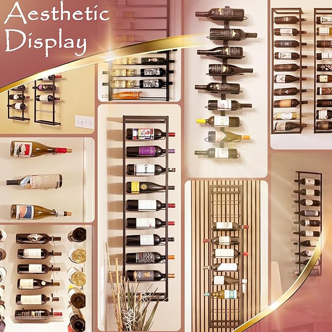 FLstudio Wall Mounted Wine Racks: 3 Pack Wine Bottle Holder - Metal Wall Wine Rack DIY Hanging Botters Display Organizer Liquor Rack for Kitchen, Dining Room, Bar Decor