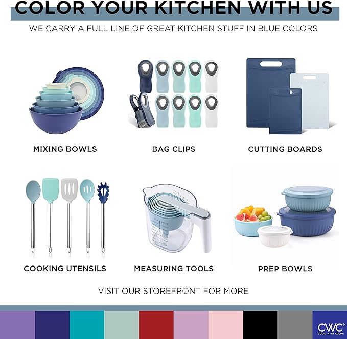 COOK WITH COLOR Nesting Plastic Mixing Bowl Set with Pour Spouts and Handles, Ombre Blue, 4 Piece Non-Slip
