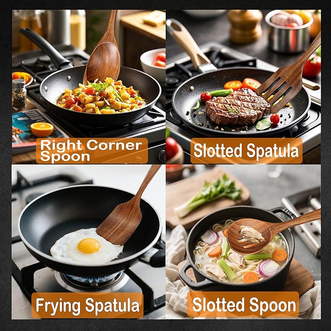 Wooden Spoons for Cooking, 4 Piece Natural Premium Teak Wooden Cooking Utensils Set, Heat Resistant Large Kitchen Wooden Spoons and Wooden Spatula for Nonstick Cookware Cooking Gifts