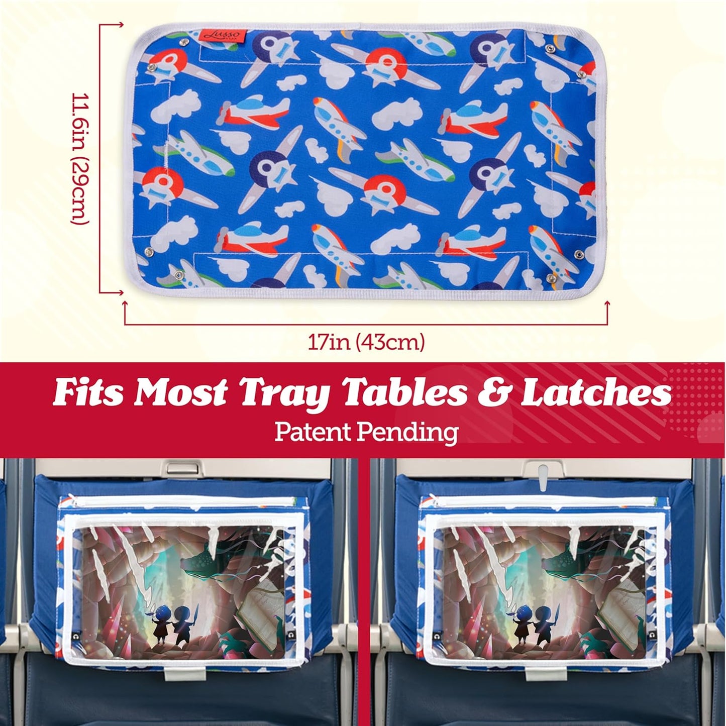 Lusso Gear Kids Airplane Tray Table Cover with Pockets – Travel Tray Essentials for Toddlers on Plane or Train - Travel Toys & Airplane Travel Essentials - Flying Accessories Toddlers (Dinosaurs)