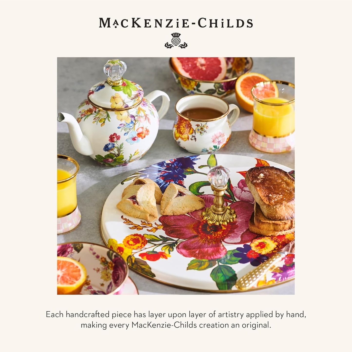 MACKENZIE-CHILDS Enamel Creamer, Creamer Dispenser with Pour Spout, Kitchen Enamelware, 14-Ounce Capacity, White Flower Market