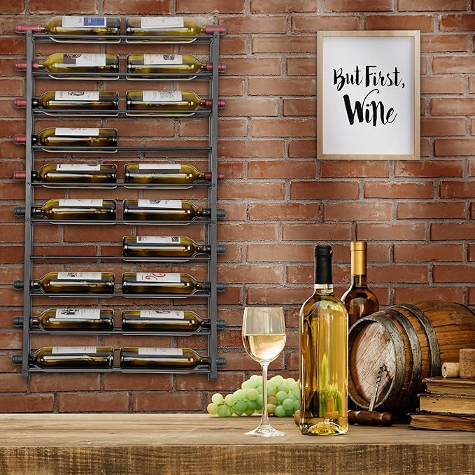FLstudio Wall Mount Wine Rack: 20 Bottle Wall Wine Rack - Large Wine Storage Organizer Display Holder, Black Metal Wine Bottle Shelf for Bar, Kitchen, Cellar, Dining Room