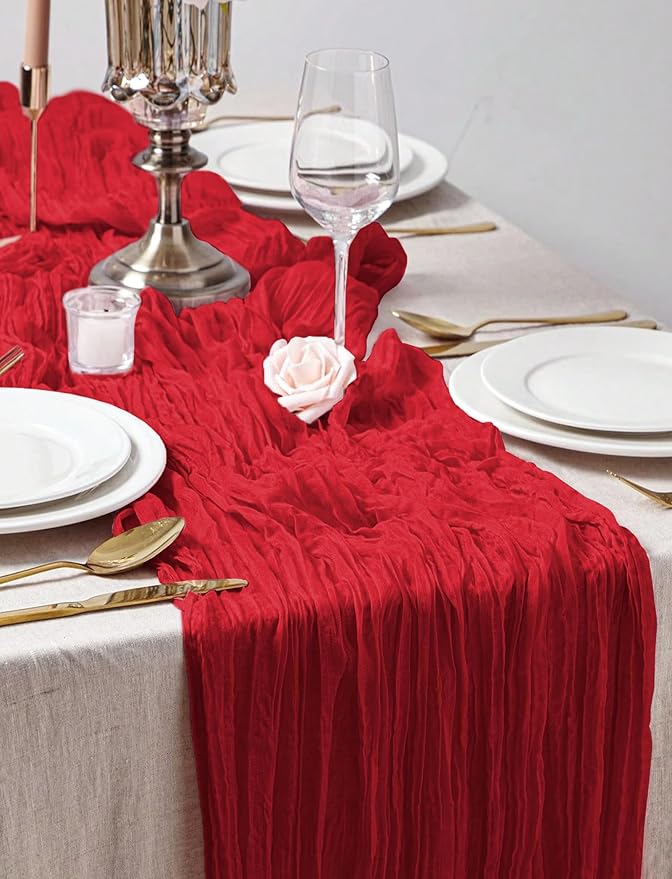 Pesonlook 20 Pack Cheesecloth Table Runner Red, Rustic Boho Gauze Fabric Table Runner Romantic Table Runner for Wedding, Festival, Birthday, Anniversary, Dinner and Outdoor Events (17.7 x 108 inch)