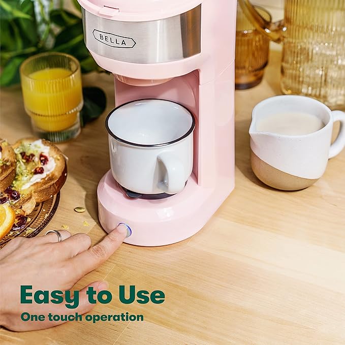 BELLA Dual Brew Single Serve Coffee Maker, Brews both Kcup and Ground Coffee, Large 14oz Capacity, Easy One Touch, Auto Shutoff, Pink