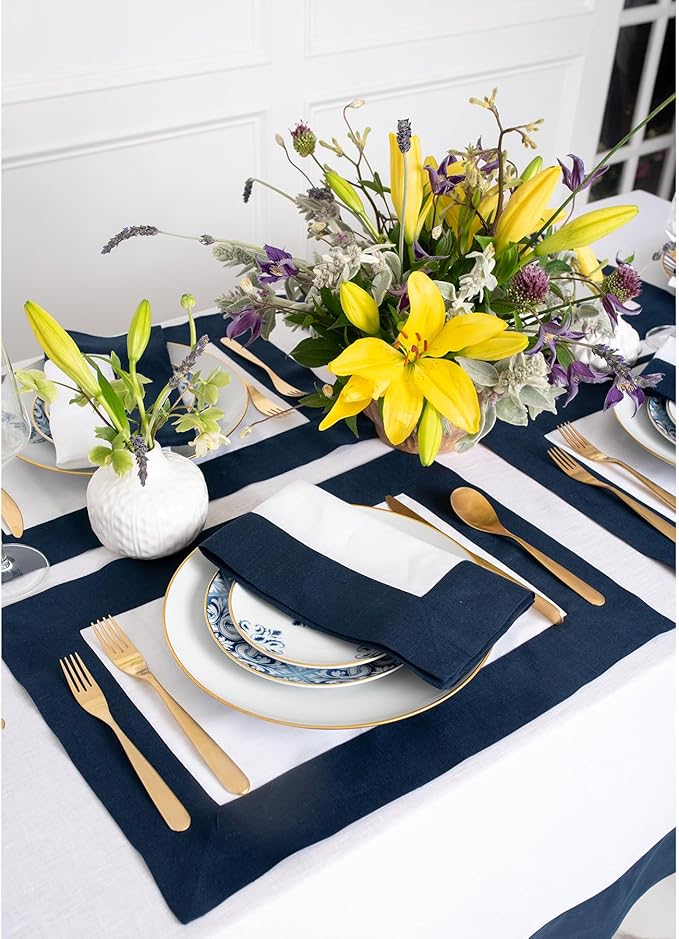 Solino Home Linen Table Runner 48 Inches - 100% Pure Linen Navy and White Table Runner 14 x 48 Inch Ideal for Dresser and Coffee Tables - Holiday, Winter - Contempo