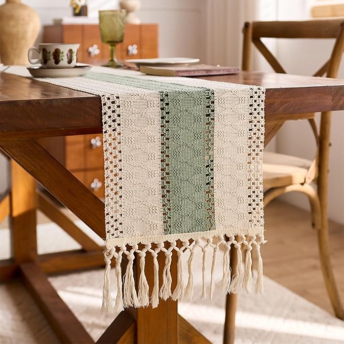 Niviy Sage Green Table Runner 72 Inches Long with Tassels, Seasonal Spring Summer Washable Embroidered Striped Braided Green and Beige Boho Table Runners for Holiday Party 12 x 72 Inches
