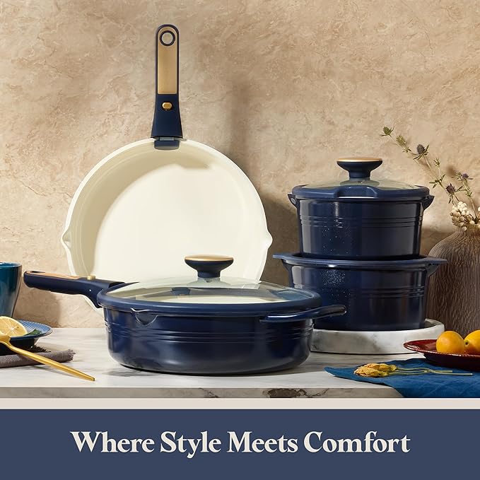 CAROTE 22Pcs Titanium Cookware Set, Pots and Pans Set Non Stick, Kitchen Cooking Set with Detachable Handle, Non Toxic Induction Cookware, Dishwasher/Oven Safe,Blue