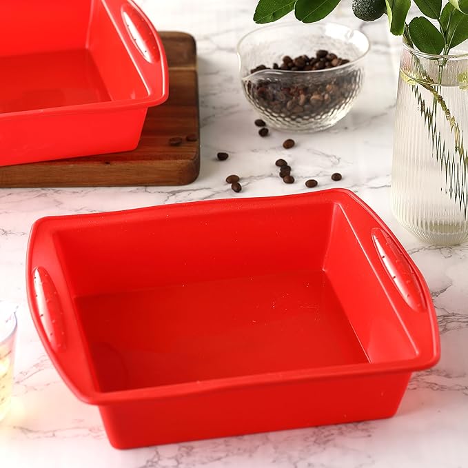 Silicone Square Brownie Pan 2 Pack, 8x8 Baking Pan for Brownies, Cakes, Bread, Pie & Lasagna – BPA Free, Heat Resistant, Flexible Silicone baking mold, Oven, Microwave, Dishwasher Safe