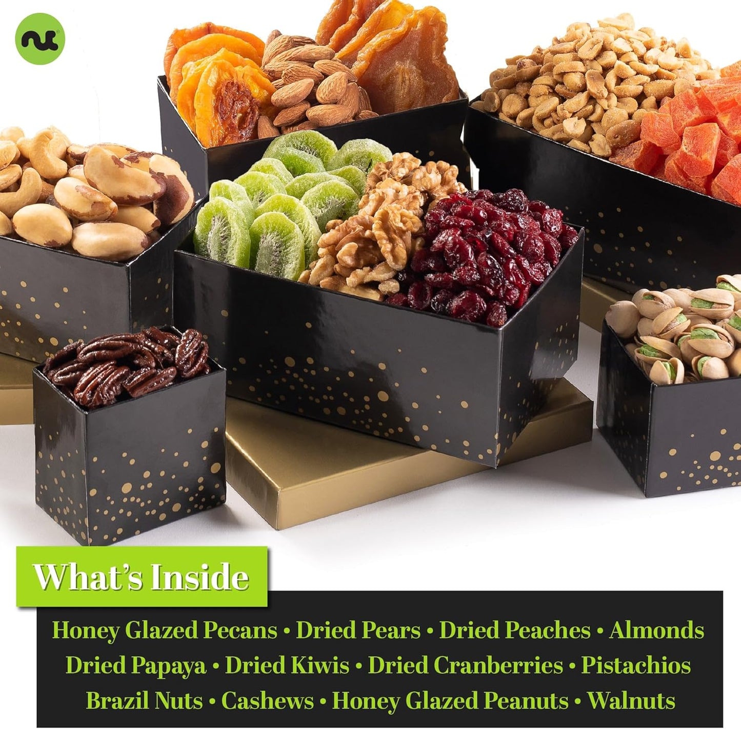 NUT CRAVINGS Gourmet Collection - Thinking of You, Nuts & Dried Fruits Tower Gift Basket, with TY Ribbon + Greeting Card (12 Assortments) Food Arrangement, Healthy Snack Care Package, Food Assortments