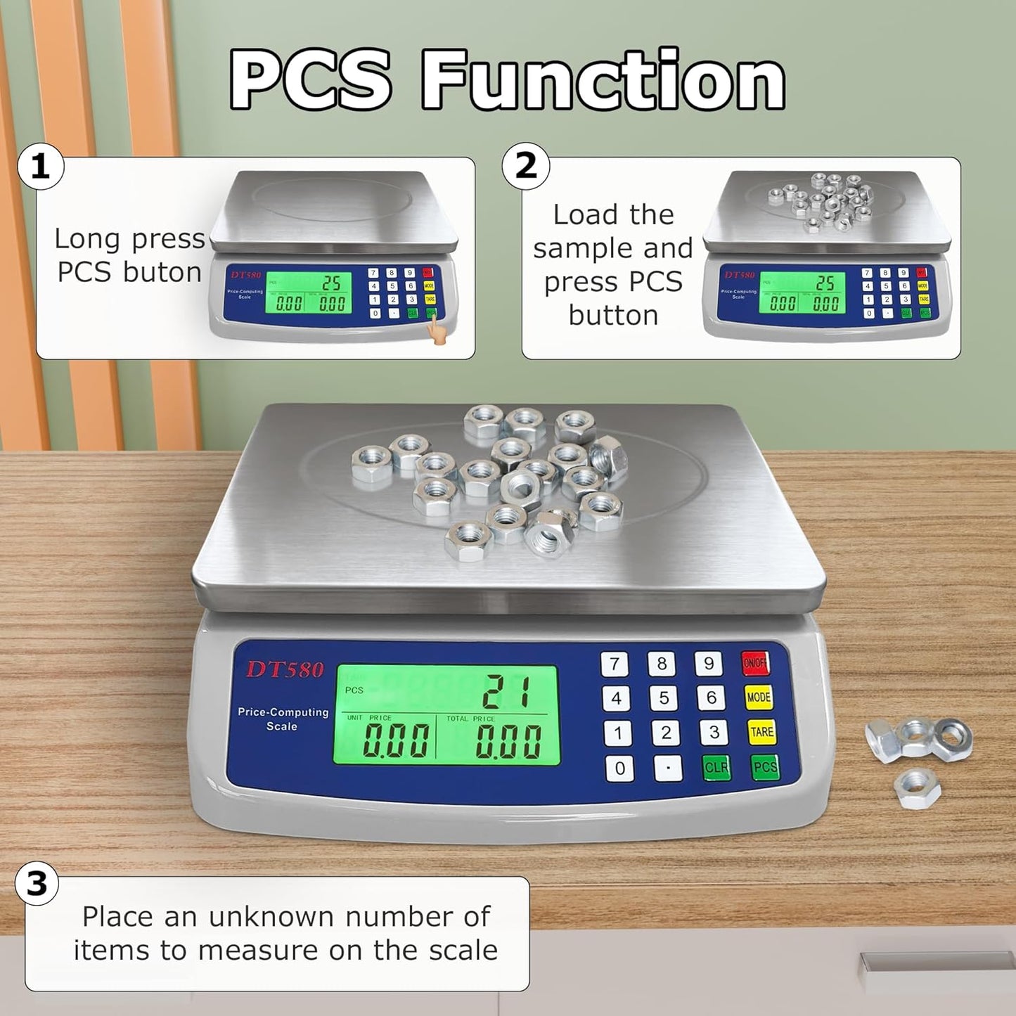 Large Digital Kitchen Scale 40kg/88lb Stainless Steel Price Computing Scale Counting Scale Deli Scale with LCD Display for Baking Bread Cooking Meat Prep Parts and Coins Adapter Included