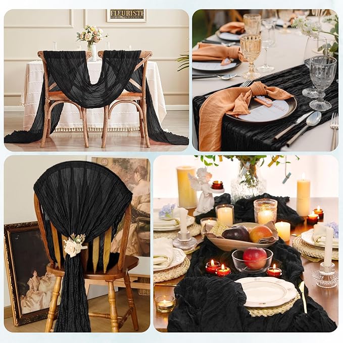 6 Pack Black Cheesecloth Table Runner 17x108 Inch Semi Sheer Boho Gauze Cheese Cloth Fabric Table Runners, for Wedding Party Baby Shower Birthday Home Decor Garden Farmhouse