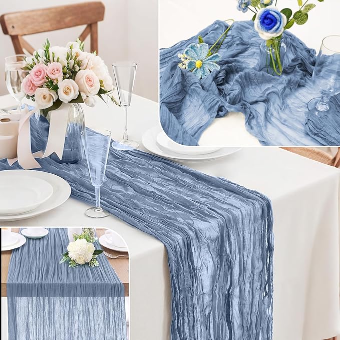 6-Pack Dusty Blue Cheesecloth Table Runners – 10FT (35x120 Inch) Boho Rustic Gauze Fabric Cheese Cloth Table Runner for Weddings, Baby Showers, Bridal Shower, Farmhouse & Birthday Party Decor
