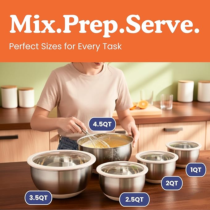 Ziruma Non-Toxic Mixing Bowls with Lids Set, Stainless Steel & Glass, 5 Pcs Plastic Free Bowls with Silicone Non-Slip Base, Dishwasher Safe Mixing Bowl Set