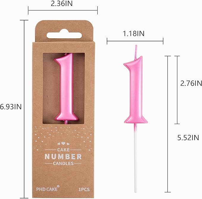 PHD CAKE 2.76 Inch Elegant Pink 1 Number Birthday Candles, Pink Number Candles, Cake Number Candles, Party Celebration