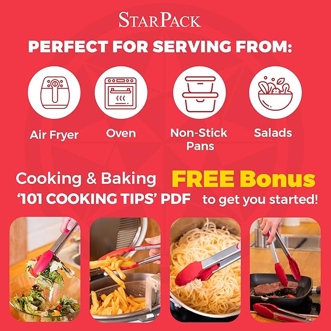 StarPack Premium Silicone Kitchen Tongs Set of 2 (9-Inch & 12-Inch) - Stainless Steel with Non-Stick Silicone Tips, High Heat Resistant to 480°F, For Cooking, Serving, Grill, BBQ & Salad (Cherry Red)