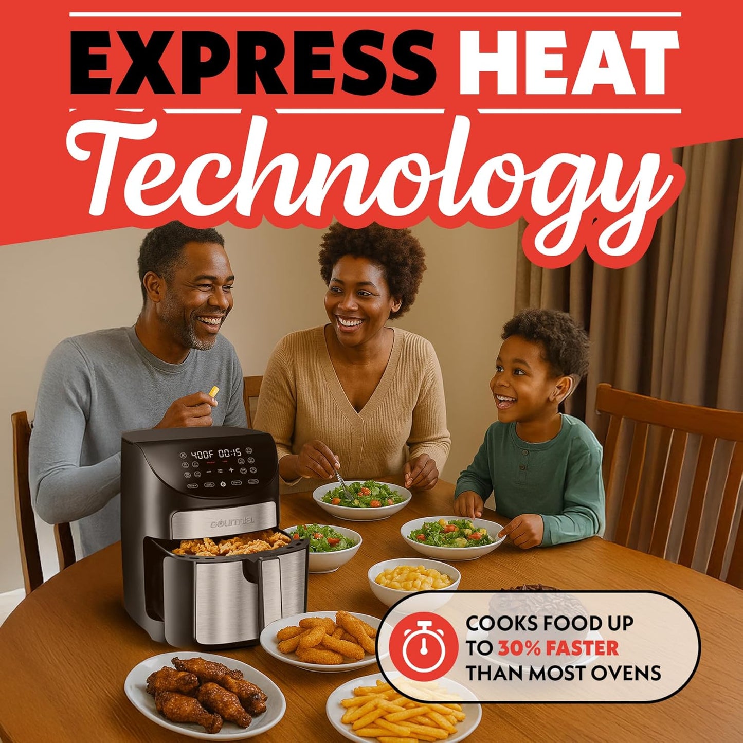 Gourmia Digital Air Fryer – 7 QT, FryForce 360° Technology, 10 Presets, Guided Cooking Prompts, Auto Shut-Off, Dishwasher Safe Basket, 1500W, black/Stainless Steel