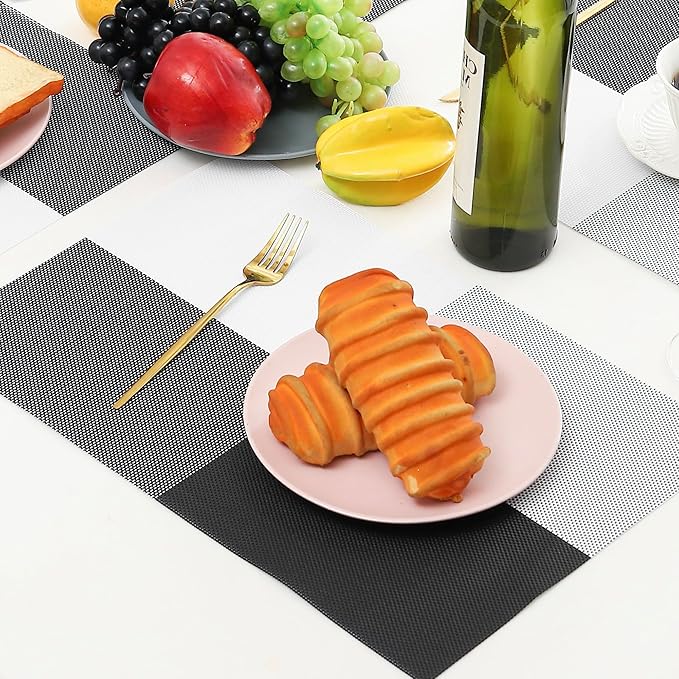Leetaltree Gray with White Grid Pattern Placemats Set of 4 - Heat Resistant Non-Slip Place mats for Dining Table, Washable Durable PVC Vinyl Woven Table Mats(Grey Grid, 4)