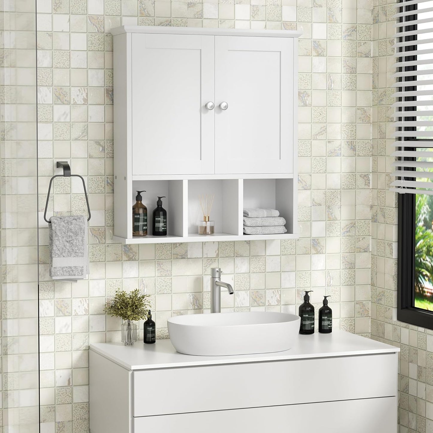 Shintenchi Bathroom Wall Cabinet with Door, Storage Organizer Over The Toilet Medicine, Space Saving with Adjustable & Open Shelf, White