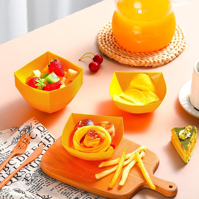 Tanlade 50 Pcs Square Plastic Serving Bowls Disposable Snack Salad Bowl Small Party Candy Bar Containers Taco Bar Serving Dishes for Buffet Chips Fruit (8 oz,Orange)