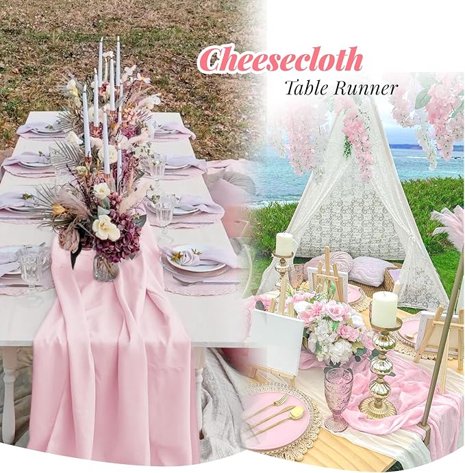 Aktor 6 Pack Pink Cheesecloth Table Runner 10Ft Gauze Table Runner Boho Semi Sheer Cheese Cloth Fabric Runners for Wedding Birthday Baby Shower Party Table Decoration(Pink)