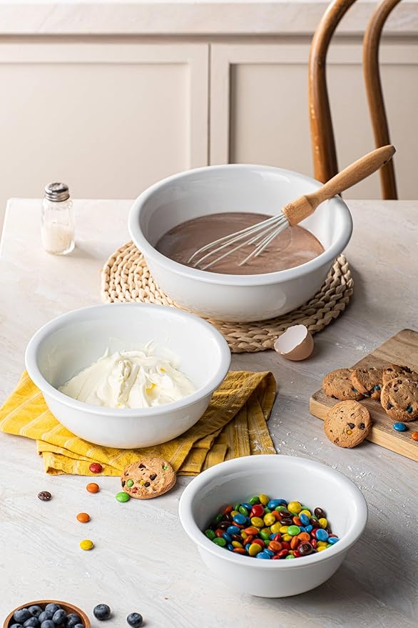 3-Piece Poecelain Mixing Bowls Set For Prepping, Serving, Gift,Baking and Cooking, Preheated Oven, Microwave, and Freezer, Dishwasher Safe (Pure White)