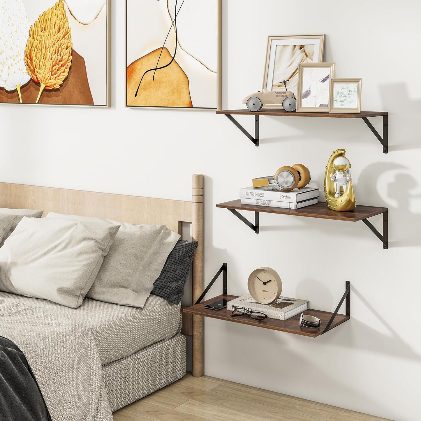 Heimlove 24" W x 12" D Wall Shelves for Books, 12 Inch Deep Floating Shelves Set of 3, Wide Floating Bookshelf with Metal Bracket for Living Room, Kitchen, Office, Bedroom and Decor Storage - Walnut