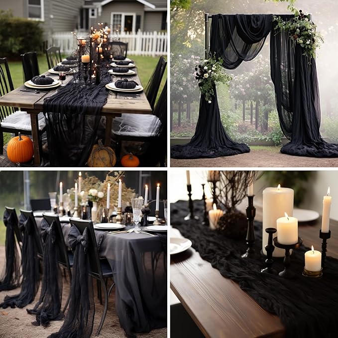 combocube 12 Pack 35x120 Inch 10Ft Cheesecloth Long Table Runner Gauze Rustic Romantic Table Cloth for Halloween Wedding Reception Bridal Shower Holiday Birthday Party Table Decorations, Black