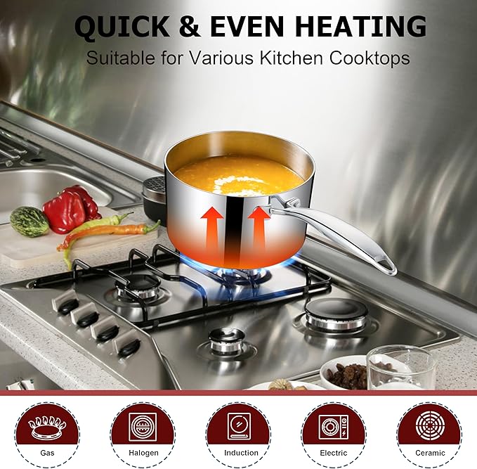 Saucepan Set of 6, Homikit 1QT & 2QT & 3QT 18/10 Stainless Steel Sauce Pans with Lids, Nonstick Tri-Ply Bottom Induction Compatible Small Cooking Pot kitchen Cookware Set, Dishwasher & Oven Safe