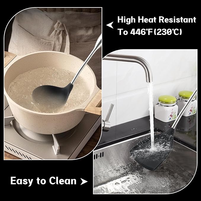 FJNATINH Silicone Spatula,Turner,Ladle,Skimmer Tool Set,Stainless Steel Non Stick Heat-Resistant Cooking Utensils BPA Free Kitchen Utensils Cookware Wooden Handle,4 Pieces
