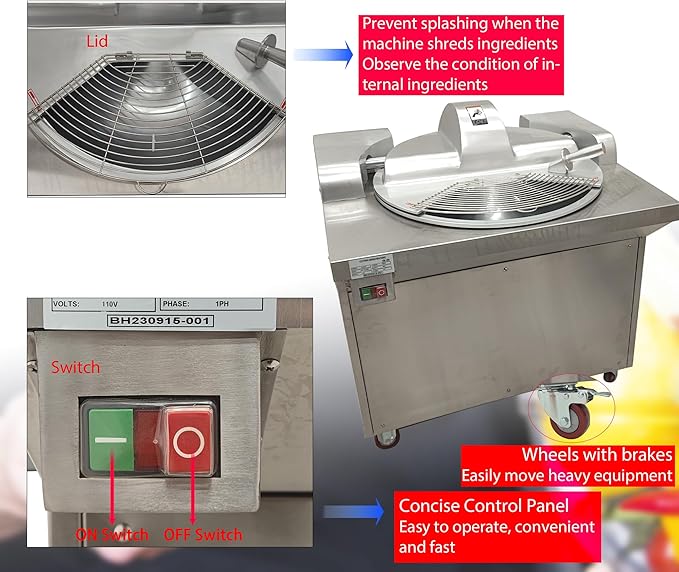 Commercial Meat Bowl Cutter Mixer with Wheels, 24L Heavy Duty Food Processor, 24.8" Bowl, 6 Blads, 1500W 661 LB/h Electric Food Chopperfor Restaurants & Kitchens