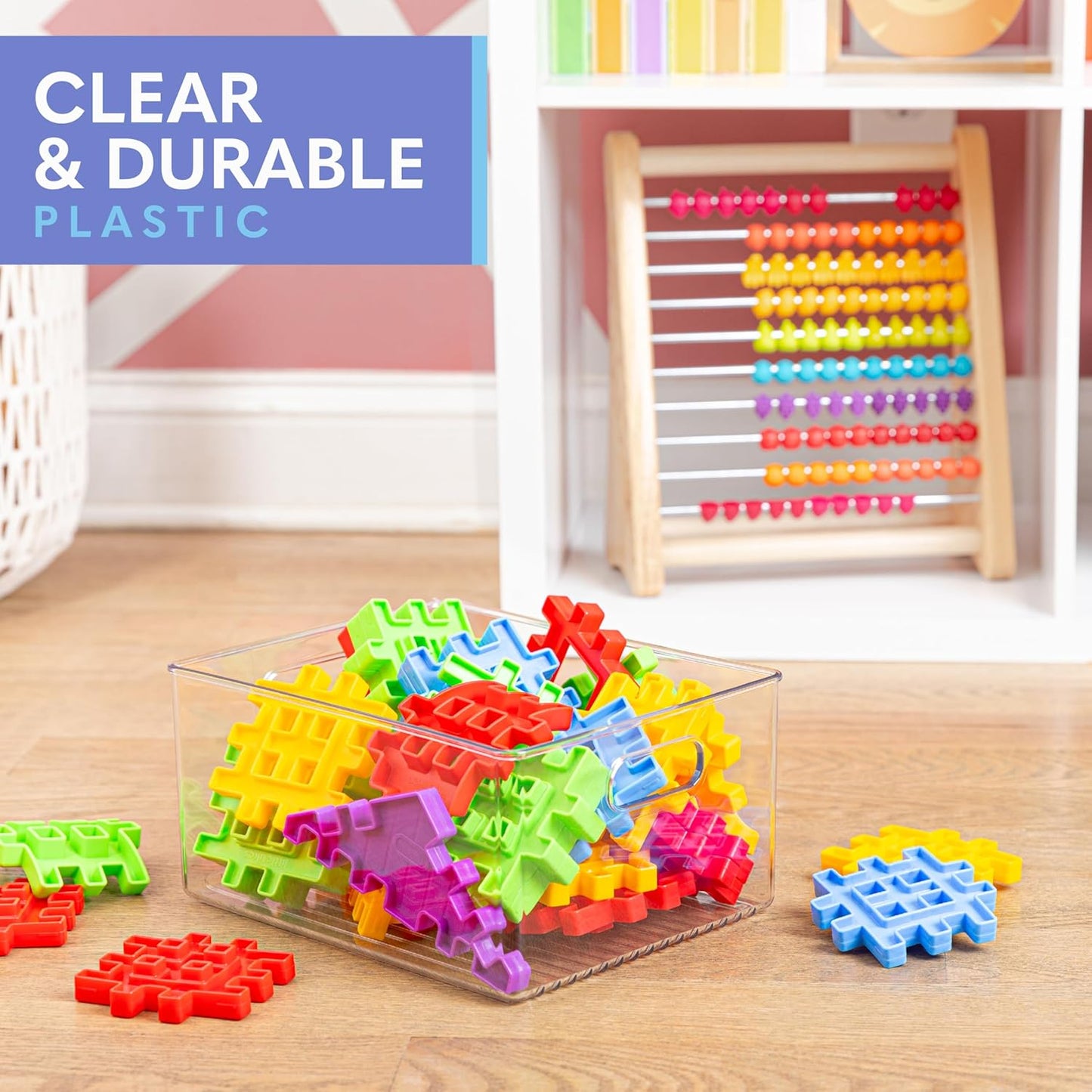 Plastic Food Storage 6 Pack Clear Container Bin with Handles for Organizing Kitchen, Pantry, Refrigerator, Freezer, Pantry, Cabinet, Closet, Bathroom 10”x8”x5”