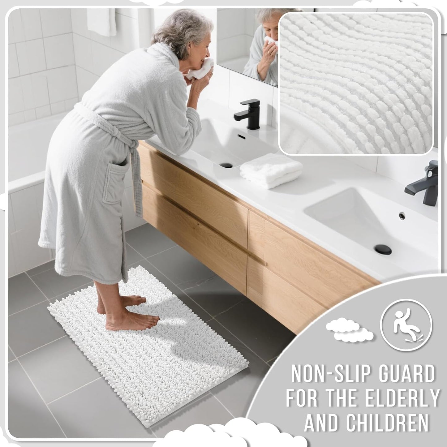 Yimobra Bathroom Runner Rug 70x24 Inch - Extra Long Non Slip Chenille Bath Mat, Soft & Absorbent, Machine Washable Shaggy Hallway Carpet for Vanity Tub Shower, White Home Decor Accessories
