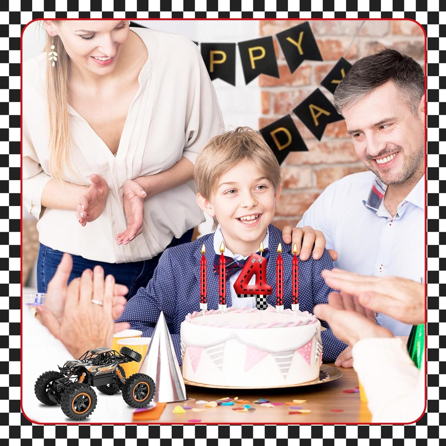 13PCS Racing Car Theme Birthday Candle Set with Checkered Flag Design - Durable Cake Topper for Race Car Party Decorations, Kids Birthday Supplies - Number 4 Candle for Racing-Themed Celebrations