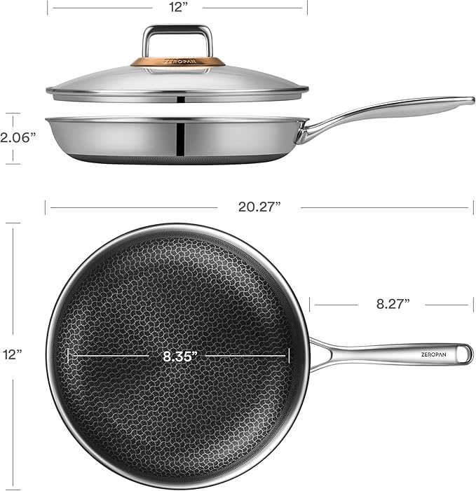 Hybrid Nonstick 12-Inch Frying Pan with Lid,Non stick Frying Pan,PFAS PFOA PTFE Free,Stay-Cool Handle, Dishwasher-Friendly, Oven-Safe Up to 600°F, Induction Ready, Compatible with All Cooktops