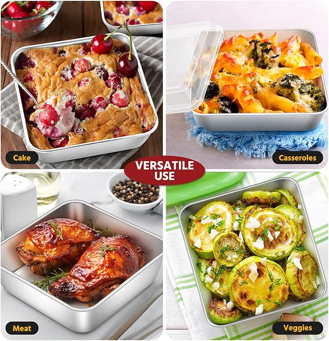 E-far 6 x 6-Inch Square Baking Pan with Lid, Small Stainless Steel Cake Brownie Pans Trays Dishes for Toaster Oven Air Fryer, Healthy & Dishwasher Safe - Set of 1(1 Pan + 1 Lid)