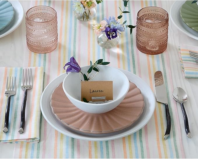 Solino Home Linen Table Runner 120 Inches Long - Julia, 100% Pure Linen Multicolor Muted Pastel Stripe Farmhouse Table Runner 14 x 120 Inch for Dining