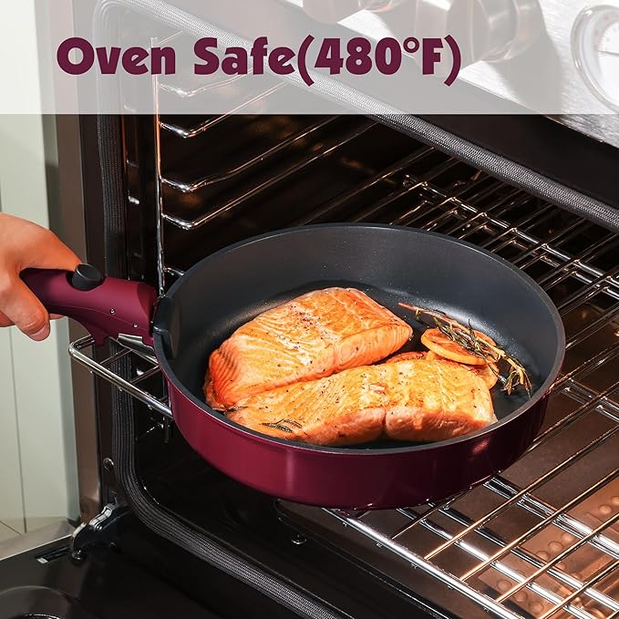 SENSARTE 17 Piece Pots and Pans Set, Nonstick Detachable Handle Cookware Set, Induction Thermo-Signal Cookware Set with Removable Handle, Healthy Non Stick for RV, Dishwasher & Oven Safe (Purple)
