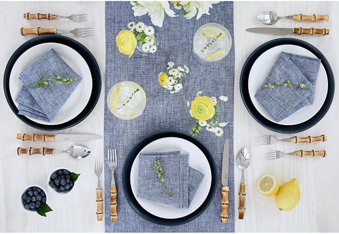 Solino Home Linen Table Runner 72 Inches Long - Athena, 100% Pure Linen Chambray Indigo Table Runner 14 x 72 Inch for Dining, Christmas, Holiday, Winter, New Year