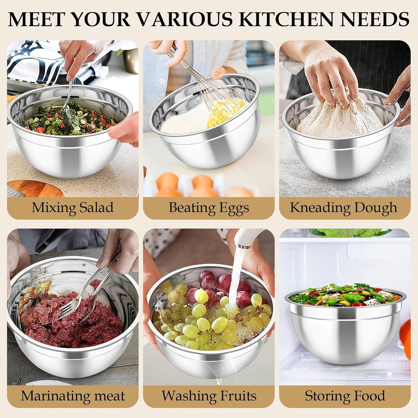 TeamFar Mixing Bowls with Lids Set, 6PCS Stainless Steel Metal Nesting Salad Bowl with 3 Grater Attachments, for Food Baking/Mixing/Serving/Storing, Dark Blue- 4.6/2.6/2 / 1.5/1 / 0.7 QT