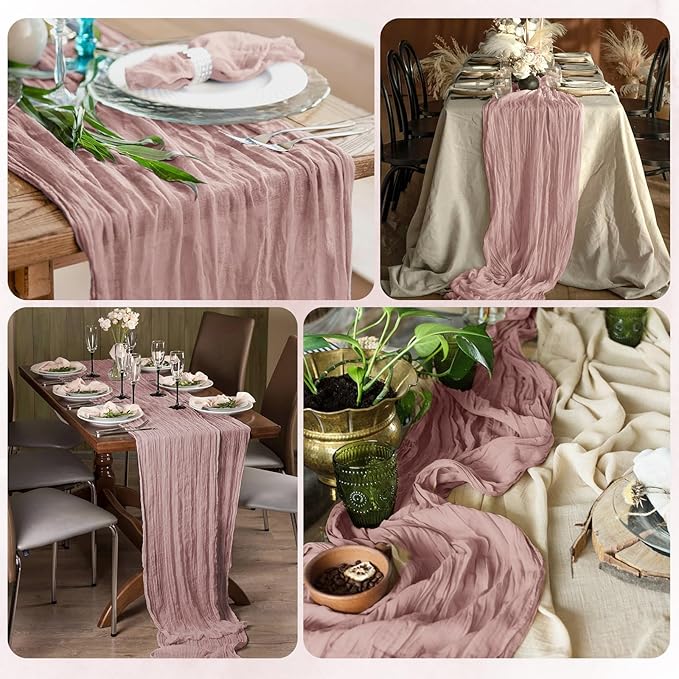 12 Pack Dusty Pink Cheesecloth Table Runner 17x108 Inch Semi Sheer Boho Gauze Cheese Cloth Fabric Table Runners, for Wedding Party Baby Shower Birthday Home Decor Garden Farmhouse