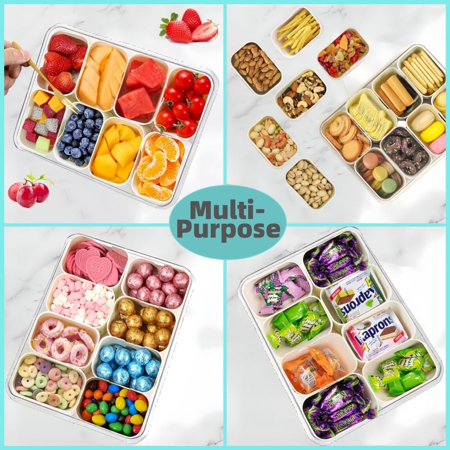 Snackle Box Container, Divided Serving Tray with Lid & Handle, Portable Snack Box Charcuterie Container for Nuts,Candy,Fruits, Snack Platter with 8 Compartments&6 forks for Party,Entertaining,Picnic