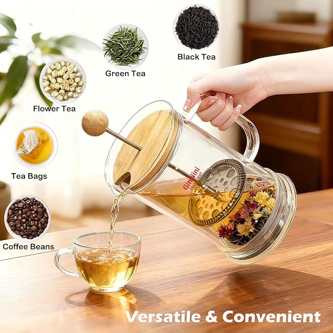 34-Ounce French Press Coffee Maker, Double Wall Borosilicate Glass Carafe with Removable Stainless Steel Filter and Shaft with Enlarged Bamboo Knob and Lid,Heat-Resistant for Coffee and Tea